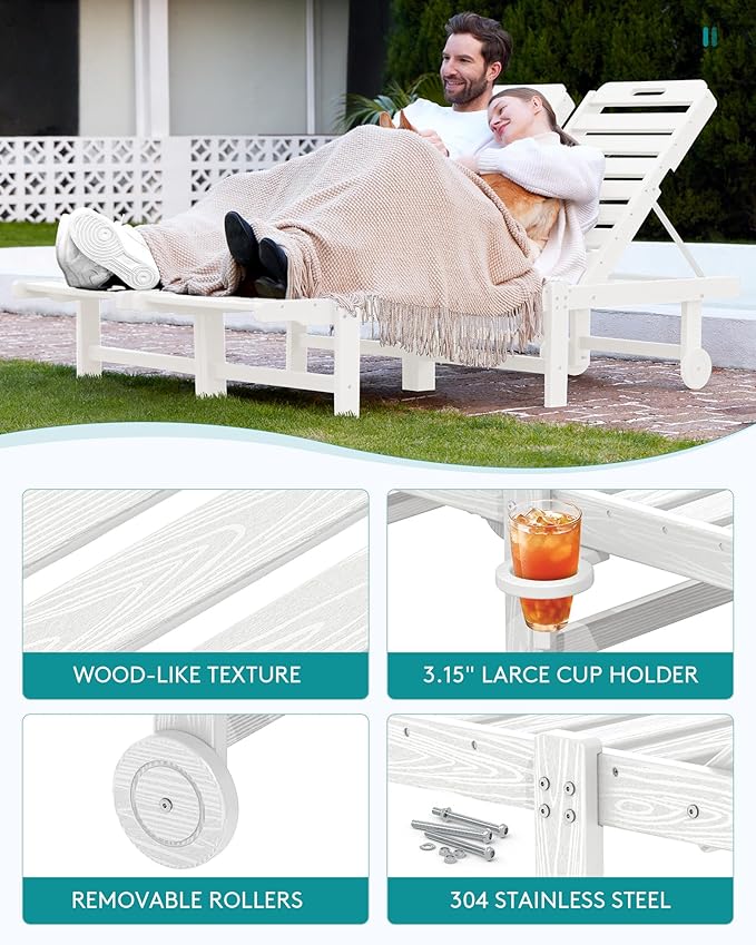 SERWALL Outdoor Chaise Lounge Chair, Pool Lounge Chair with 5 Positions Adjustable Backrest, HDPE Lounger with Rolling Wheels & Cup Holder for Poolside, Beach, Garden, White
