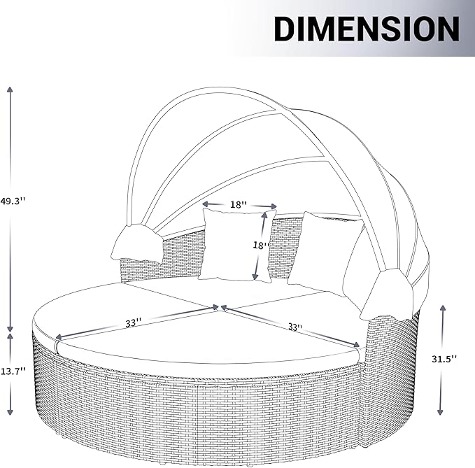 Patio Furniture Round Outdoor Daybed with Retractable Canopy Wicker Rattan Sectional Sofa for Lawn Garden Backyard Pool (Beige)