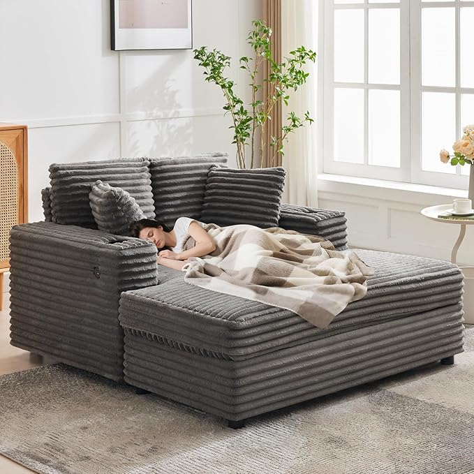 GarveeHome 60-inch Oversized Chaise Lounge Chair Indoor, Comfy Corduroy Lounge Sofa with Charging Station, Cup Holders & Throw Pillows, Cozy Sleeper Couch for Living Room Apartments, Grey