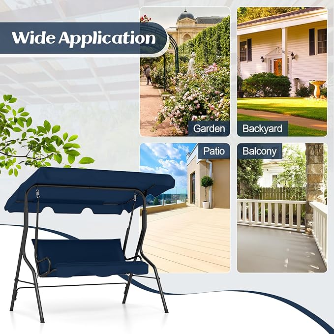 Tangkula 3 Person Porch Swing, Patio with Removable Cushion & Powder-Coated Steel Frame, Outdoor Swing with Canopy for Porch, Backyard, Garden, Balcony(Navy)
