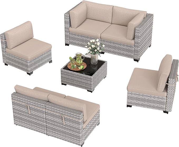 6-Seat Modular Patio Furniture Set – Outdoor Wicker Sectional Sofa with Thick 4″ Cushions, Dual-Strand PE Rattan, Rust-Resistant 18 mm Steel Frame, Backyard Garden Deck Lounge,Beige