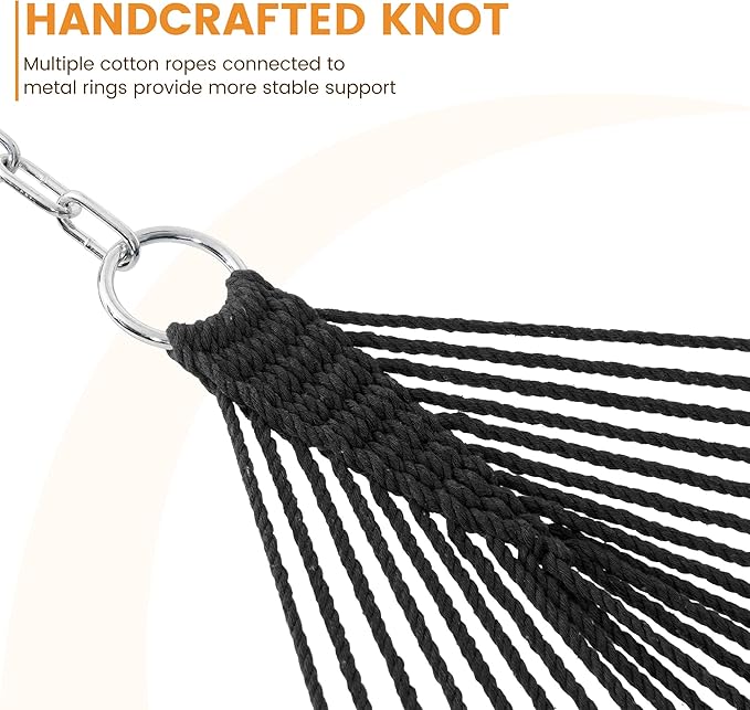 Lazy Daze Hammocks Double Rope Hammock, 2 Person Traditional Outdoor Hand Woven Cotton Rope Hammock with Spreader Bar, Carabiners, Tree Straps, Chains for Patio Yard - Max 450 Lbs, Dark Grey