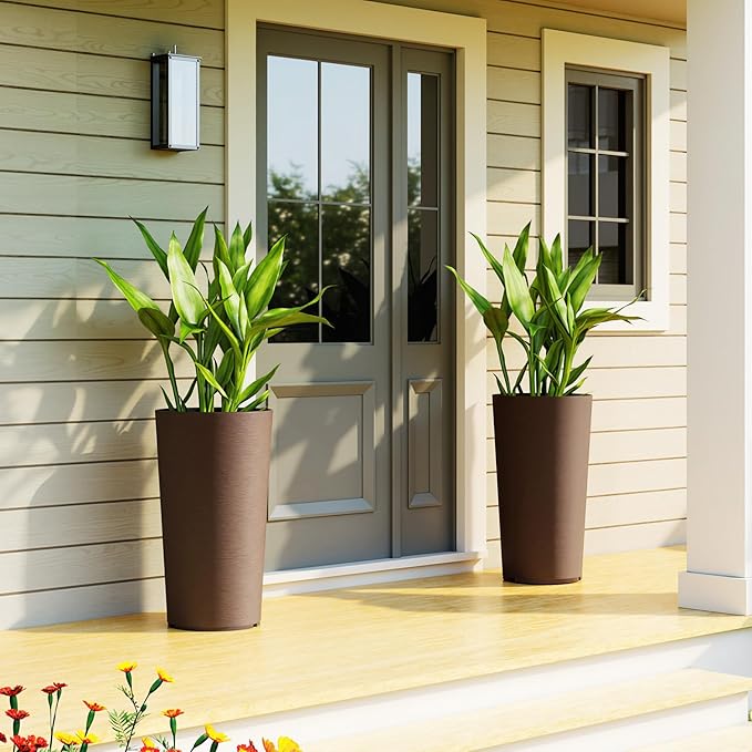 Outsunny 29 Inch Tall Planters for Outdoor Plants, Set of 2 Plastic Flower Pots with DIY Drainage Holes, Stackable Large Planters for Indoor Plants, Front Porch Decor, Brown