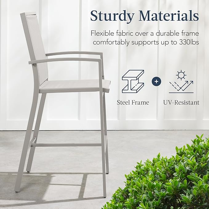 Best Choice Products Outdoor Bar Stools Set of 2, Bar Height, Patio Furniture, All Weather Mesh Design w/Armrest - Gray/Gray