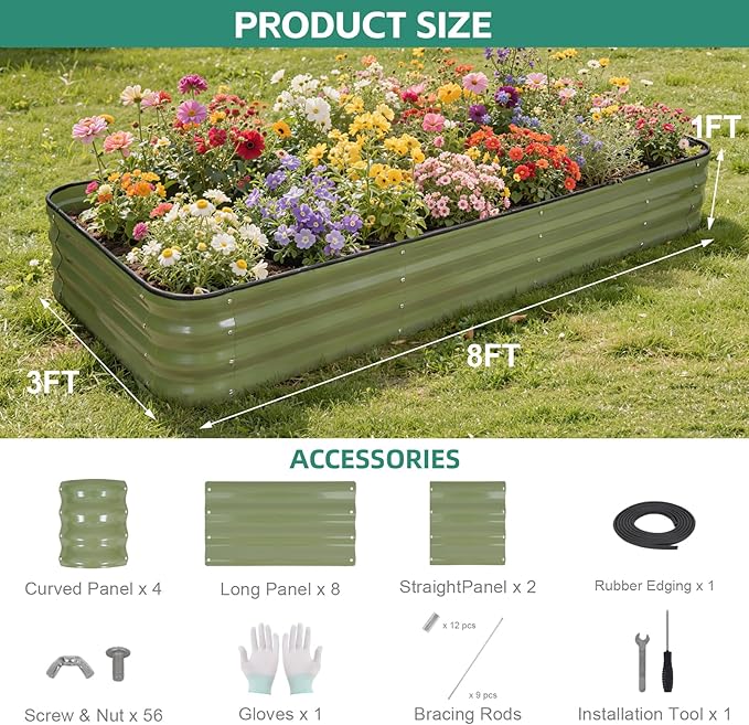 5 in 1Galvanized Raised Garden Bed - 8x3x1ft Modular Garden Planter Bed Outdoor | Steel Raised Bed Kit with Bracing Rods, Gloves for Gardening Vegetables Fruits and Flowers (Green)