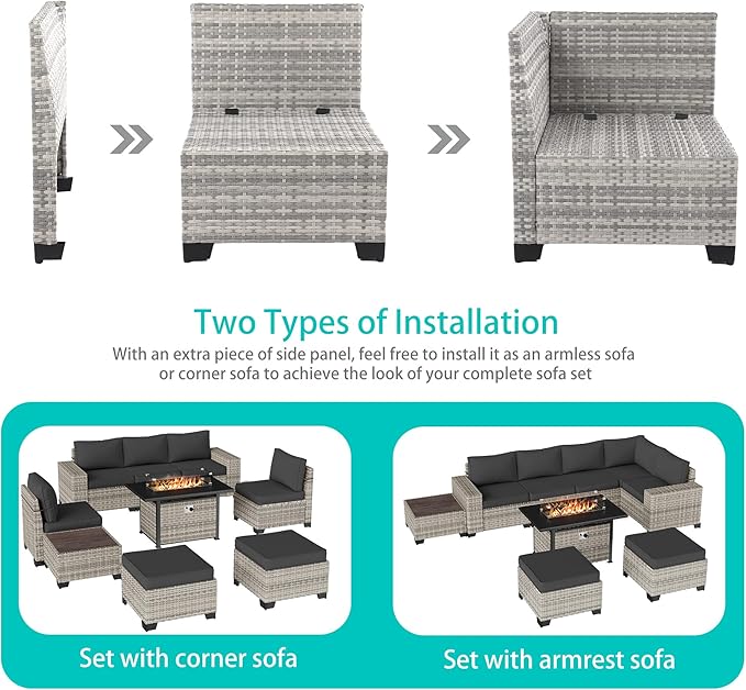 9-Piece Outdoor Patio Furniture Set with 55,000 BTU Fire Pit Table, PE Wicker Rattan Sectional Sofa Patio Conversation Set with Ottomans & Coffee Table, Dark Grey