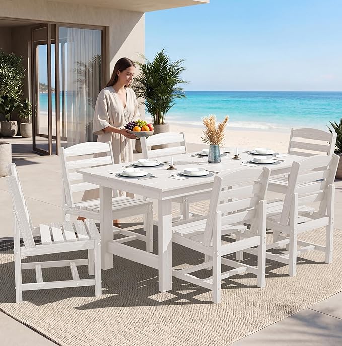 SERWALL Patio Dining Sets for 6 Person, HDPE Dining Set with 6 Armless Chairs, White