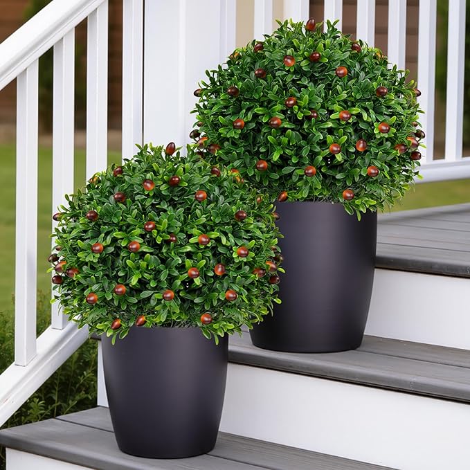 2 Pack Artificial Olive Topiary Tree, Artificial Shrub Bushes with Ground Spike, Fake Evergreen Tree for Porch, Artificial Plants for Outdoor Planters Indoor UV Resistant