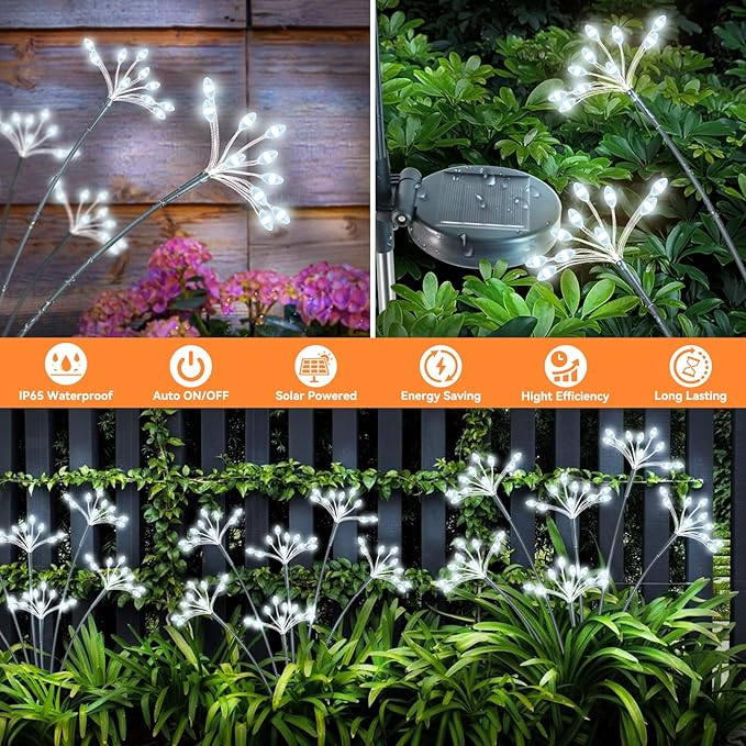 Solar Garden Lights 2 Pack Waterproof Solar Swaying Starburst Light Outdoor Lights for Yard Patio Walkway Pathway Party Wedding Christmas Decoration, White