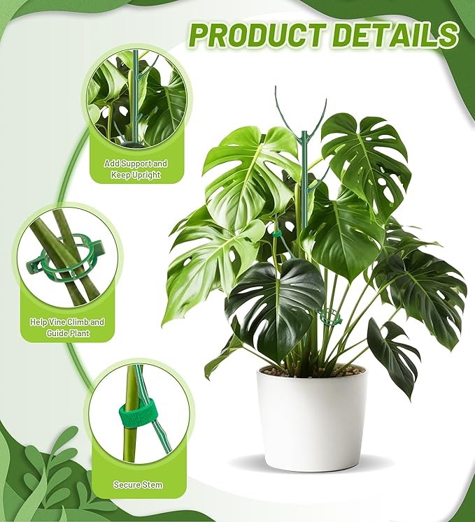 Plant Support Stakes, 6 Pcs Stackable Plant Support Poles with 20 Clips, 1 Roll Tie for Indoor Outdoor Monstera Climbing Plants, Green