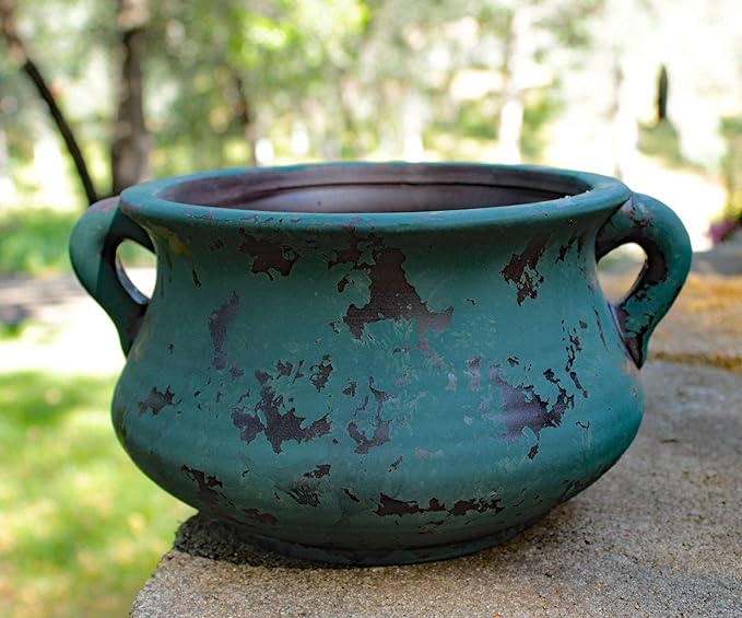 Egyptian Era Designed Earthen Ware Terra-Cotta Vessel/Planter with Looped Handles (Green)