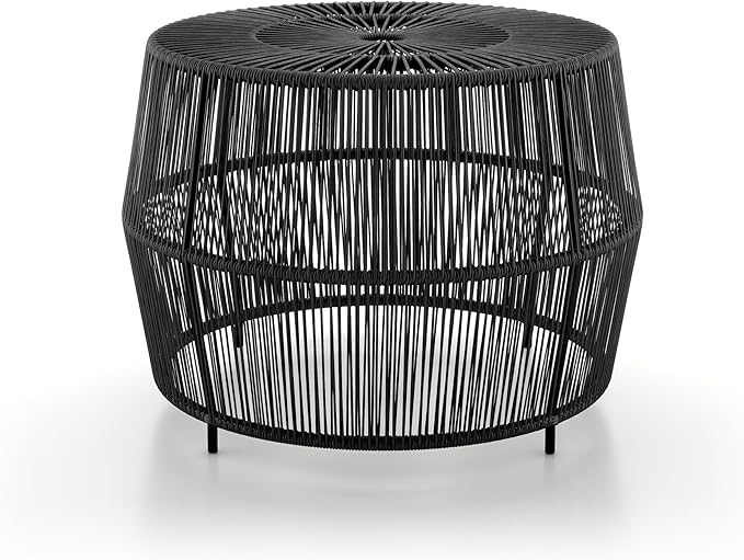 Furniture of America Ysar Boho Rattan Round Coffee Table Outdoor with Metal Frame, All-Weather and Rust Resistant, Handcrafted Coastal Furniture for Patio, Poolside, Garden, Yard, Black