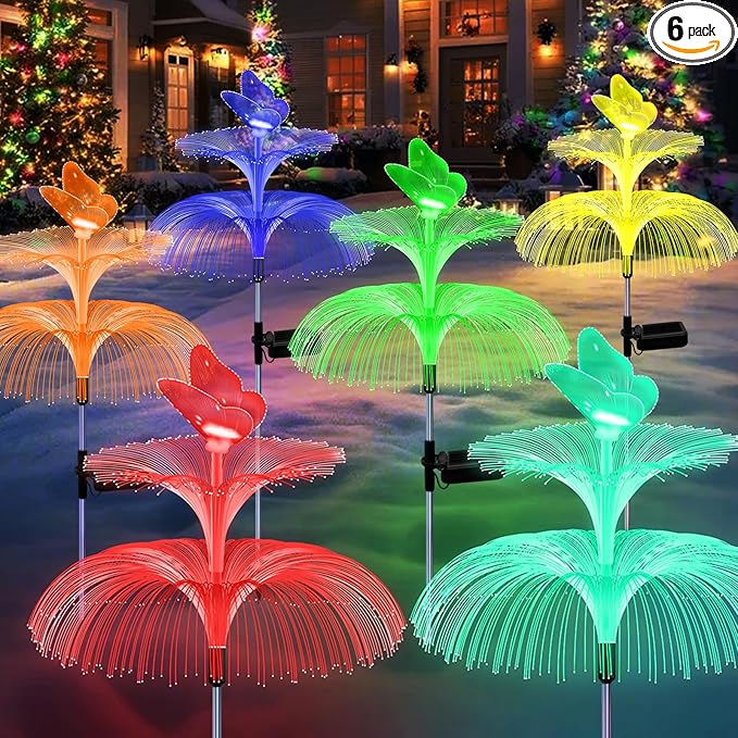 6 Pack Solar Garden Lights, Gardening Birthday Gifts for Mom Grandma Women, Waterproof 7 Color Changing Jellyfish Light with Butterfly Solar Flower Lights for Outdoor Pool Yard Garden Decor