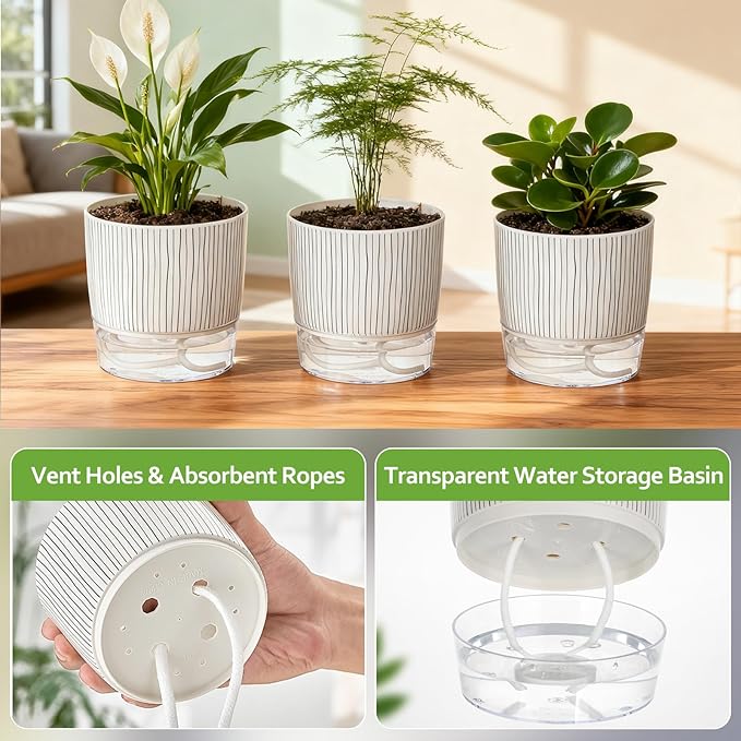 3 Pack Self Watering Pots Set, 4 Inch Self Watering Pots for Indoor Plants, Planter Pot with Wick Rope and Reservoir for African Violet, Spider Plant, Orchid