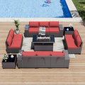 ALAULM 13 Pieces Outdoor Patio Furniture Set with Propane Fire Pit Table Outdoor Sectional Sofa Sets Patio Furniture 43" Gas Fire Pit Brown PE Rattan Patio Conversation Set w/10 Cushions (Rose Red)
