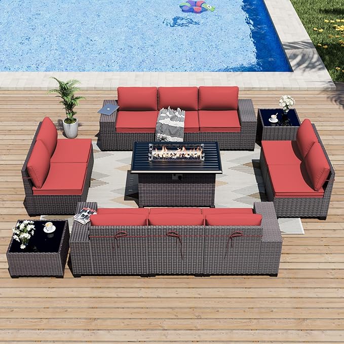 ALAULM 13 Pieces Outdoor Patio Furniture Set with Propane Fire Pit Table Outdoor Sectional Sofa Sets Patio Furniture 43" Gas Fire Pit Brown PE Rattan Patio Conversation Set w/10 Cushions (Rose Red)
