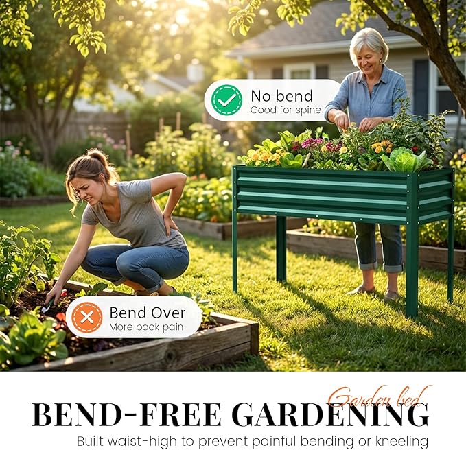 KING BIRD Large Raised Garden Bed with Legs Galvanized Elevated Planter Box 48×24×32 in for Backyard, Patio, Balcony, 400lb Capacity, Green