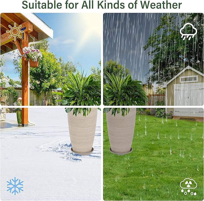 Set of 2 Tall Planter, 21 inch Large Plastic Planter with Drain Hole & Saucers, Large Outdoor Planters for Porch, Garden, Patio, Balcony(Oat Color)