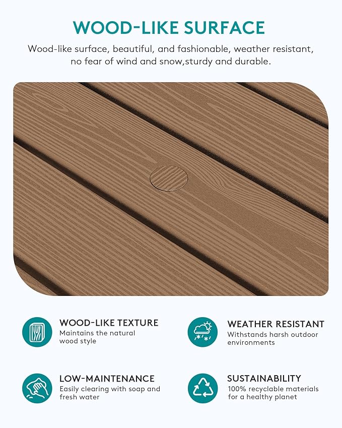 SERWALL Outdoor Coffee Table with 9FT Umbrella, HDPE Patio Coffee Table for Outside, Rectangle, Brown(Not Include Umbrella Base)