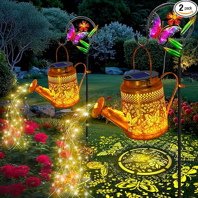 2 Pack Solar Powered Butterfly Watering Can Lights Waterproof Outdoor Decor with Shepherd Hook Hanging Patio Lights for Yard, Garden, Backyard Perfect Gardening Christmas Gift for Women, Mom, Grandma