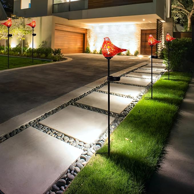 Bshine Solar Garden Decoration Outdoor Cardinal Lights, Hand Blown Glass Waterproof Solar Light Stake Red Cardinal Decorate Paths, Pathways, Lawns and Yards Art for Mom Gift, 2 Pack