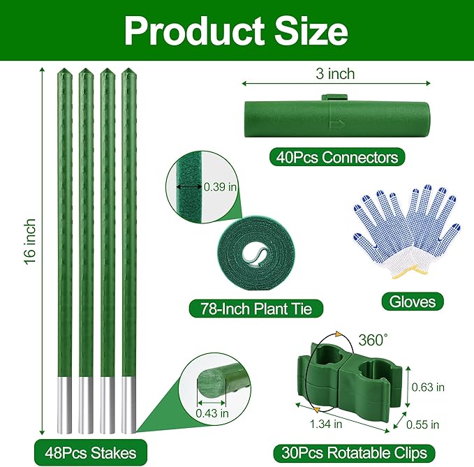 WAENLIR 16 Inch 48 Pack Extendable Garden Stakes Kit, DIY 4ft 5ft 6ft 7ft 8ft Plant Support Stakes with Connectors and Clips, Plastic Coated Metal Sticks for Tomato Indoor Outdoor