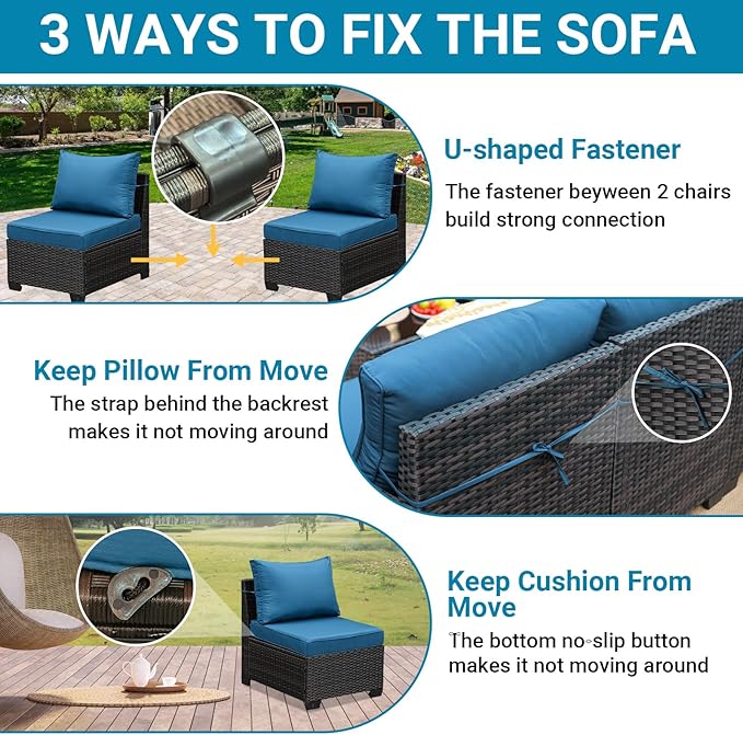 Jing's Villa 6-Piece Patio Furniture Set, All-Weather Outdoor Wicker Sectional Sofa with Cushions,Glass Table & Left and Right Armrest, Rattan Conversation Seating for Porch, Backyard,Peacock Blue