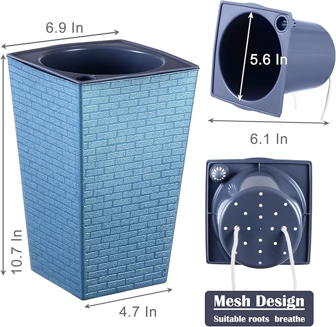 2 Pack Self Watering Planters 10.7" x 6.9" Planter for Indoor Plants Self Watering Violet Pots Plastic Flower Pots Square Planter with a Bag of Clay Pebbles, Blue
