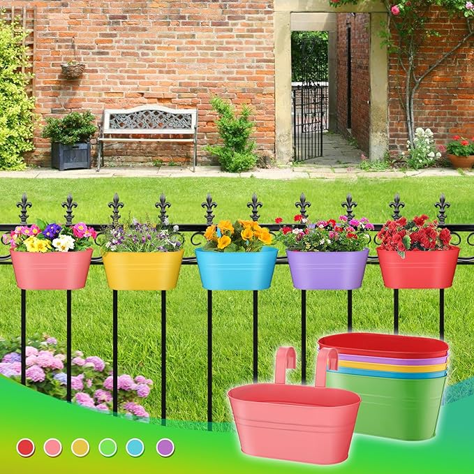 MADHOLLY Railing Planter with Drainage Holes - 6Pcs Sturdy Bucket Pots for Railing Fence, Countryside Style Metal Flower Pots for Herbs Balcony Garden Yard Decor, Colorful