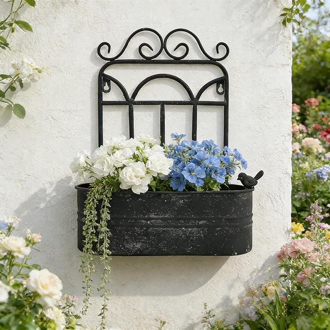 Rustic Metal Wall Planter Vintage Wall Mounted Flower Pot Distressed Wall Hanging Plant Basket Farmhouse Wall Decor for Indoor Outdoor Garden Home Yard (Black)