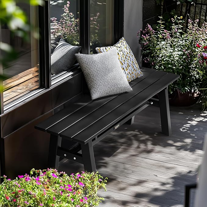 VINGLI 47” Outdoor HDPE Bench, Weatherproof Garden Bench w/Metal Legs, Poly Lumber Porch Benches, 660 LBS Capacity Outdoor Backless Patio Benches for Entryway Deck (Black)