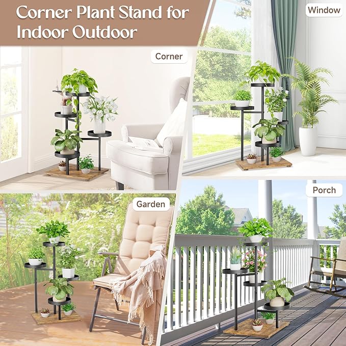 iDavosic.ly 4 Tier Plant Stand Indoor, Tiered Corner Flower Holder Shelf Outdoor, Metal Tall Orchid Display Rack for Patio Porch Garden Balcony Office Living Room, Modern Black & Rustic Brown
