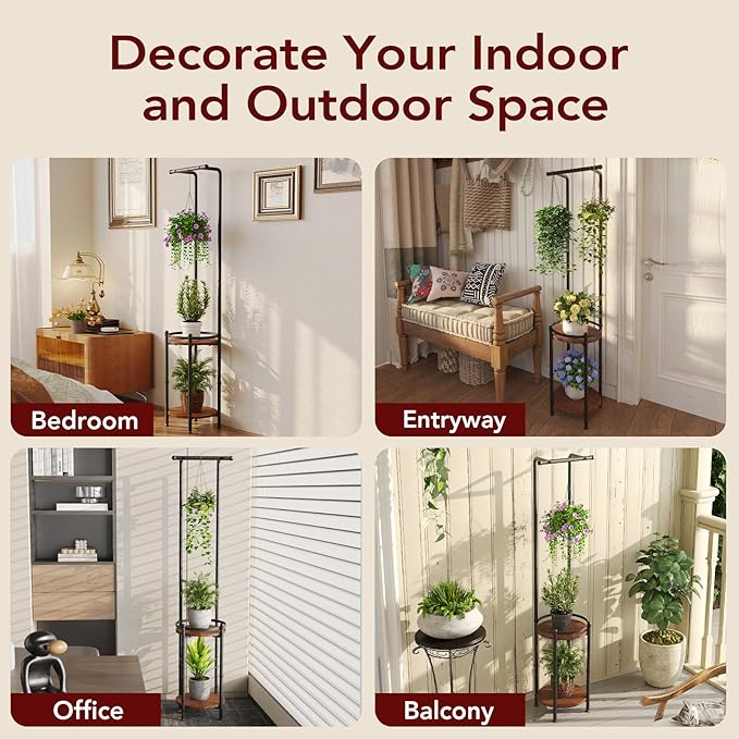 Plant Stand Indoor Outdoor - Heavy Duty Metal 2-tier Hanging Plant Holder Space-Saving Iron Plant Stands Tall Plant Shelf for Living Room Garden Balcony（Rustic Brown and Black）