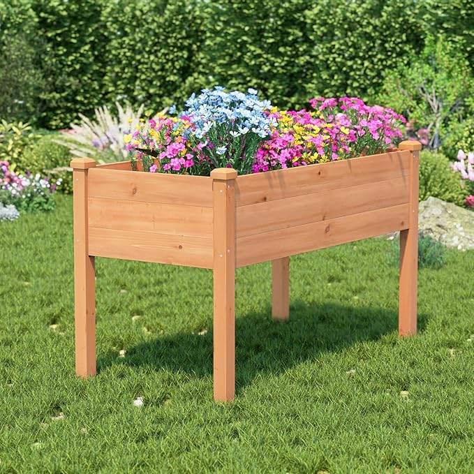 BIRASIL Outdoor Raised Garden Bed, Wood Planter Box for Vegetable Flower, Elevated Reinforced Large Garden Planters Boxes for Backyard Patio Gardening Balcony (48”L, Brown)