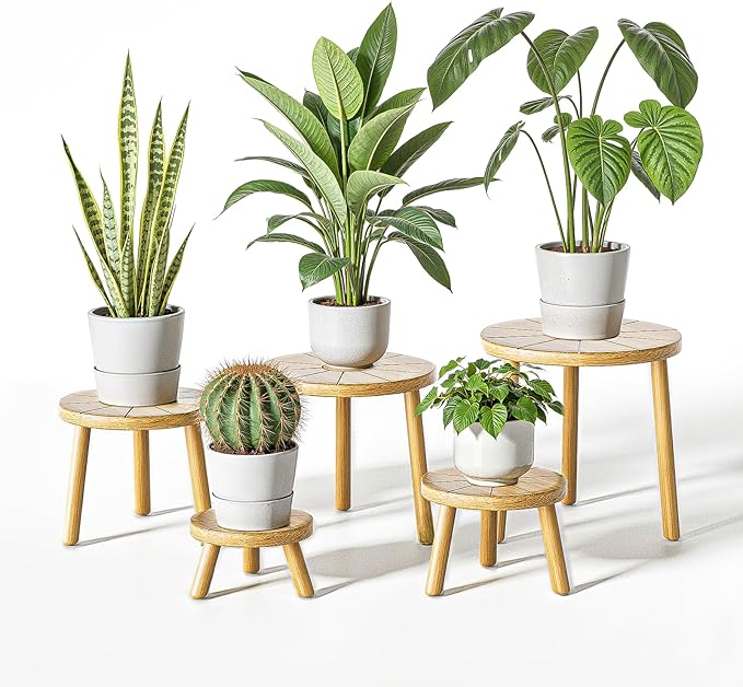 Delma Wood Plant Stands Indoor, 5-Pack Single Plant Stand for 6-12 Inch Pots, Mid-Century Modern Plant Stool, Tall Plant Stand for Large Plants for Living Room, Balcony, Office (Light Brown, 5-Pack)