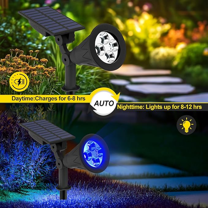 T-SUN Blue Solar Spotlights, Solar Lights Outdoor Waterproof, Auto ON/Off Adjustable Solar Garden Pond Lights for Tree, Patio, Yard, Garden, Driveway, Stairs, Pool Area (Blue- 2 Pack)