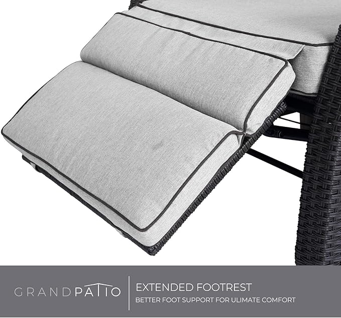 Grand patio Outdoor Reclining Chairs with Extended Footrest 2-Piece Adjustable Patio Wicker,Lounge Recliner up to 150° with Flip Side Table Griege