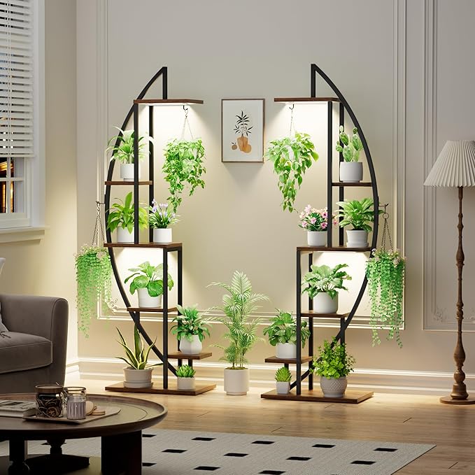 Plant Stand Indoor with Grow Lights, 6 Tiered Tall Plant Shelf, 63" Metal Plant Stand for Indoor Plants Multiple, Half-Moon Plant Rack Display Shelf, 2 Pcs Plant Holder for Living Room, Patio