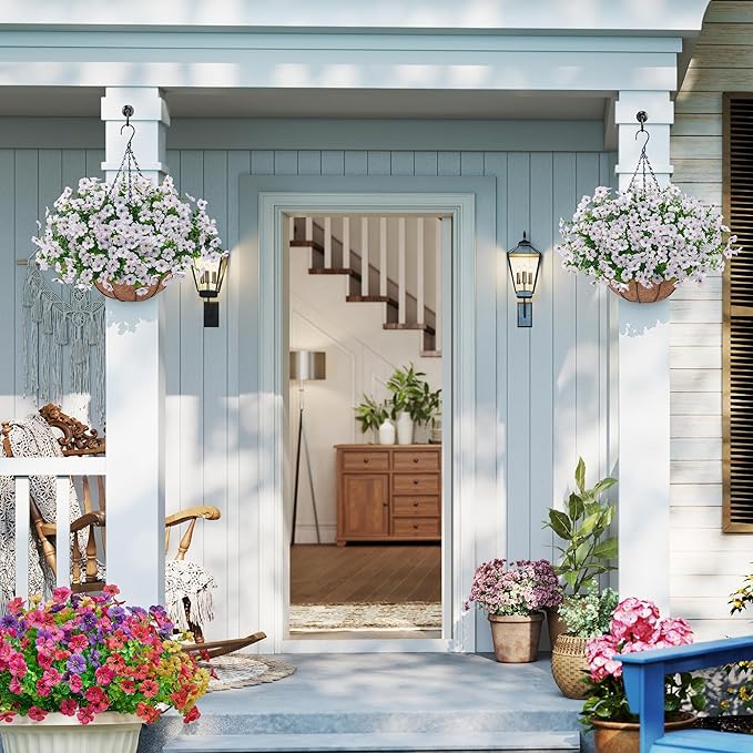 Artificial Faux Hanging Plants Flowers Basket for Outdoors Decoration,Hanging Planters with Fake Silk Daisy Flowers for Outside,UV Resistant Realistic Porch Patio Balcony Garden Yard Home Decor（White）