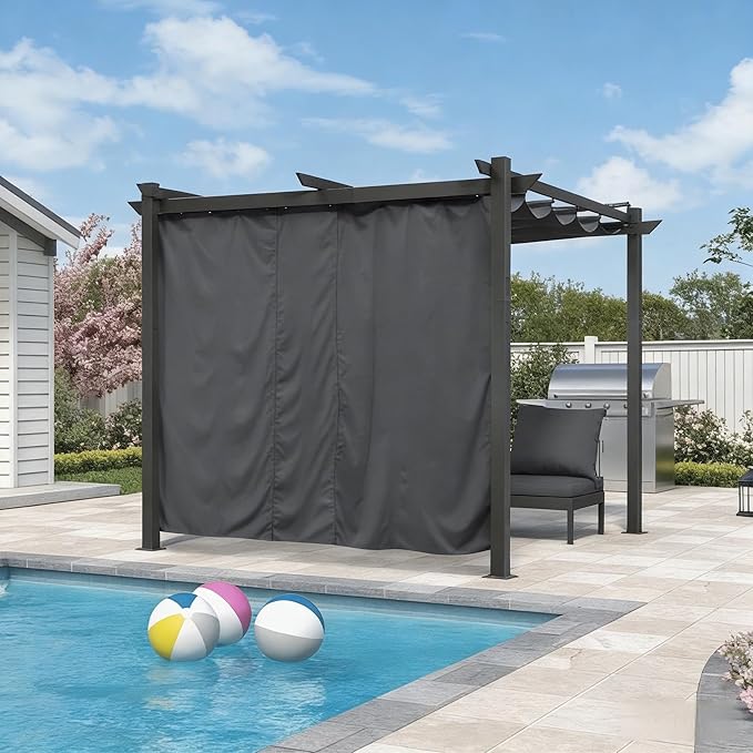PURPLE LEAF Outdoor Retractable Pergola with Curtains 10' x 10' Patio Aluminum Pergola with Sun Shade Canopy for Backyard Deck Garden Modern Metal Pergola, Gray