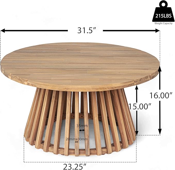 Merax Patio Outdoor Acacia Wood Round Coffee Table for Backyard, Lawn, Balcony, Easy Assemble Teak