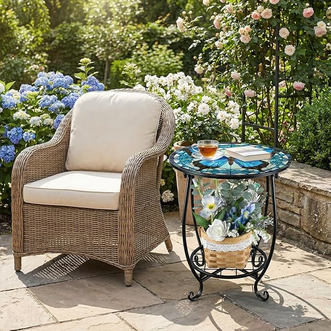 Outdoor Side Table Round Small Mosaic Patio Accent Indoor End Plant Coffee Tea Table for Yard Patio Porch Garden Living Room, Bedroom
