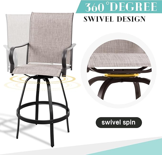 Vongrasig 3 Piece Patio Swivel Bar Set, All Weather Mental Textilene High Swivel Stools Chair Set of 2 and Glass Bar Table, Outdoor High Top Bistro Set for Lawn Garden, Balcony, Taupe