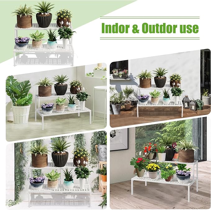 Metal Plant Stand Metal 2 Tier Potted Multiple Flower Pot Holder Plant Shelf Indoor Plants Multiple,Outdoor Heavy Duty Planter Display Shelving Unit for Patio Garden Corner Balcony Living Room(White)