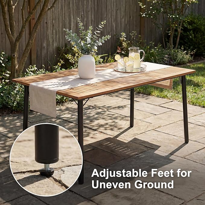 Flamaker Acacia Wood Patio Outdoor Dining Table for 6, Outdoor Table with Umbrella Hole and Metal Legs for Garden, 63’’L x 36’’ W x 30’’ H
