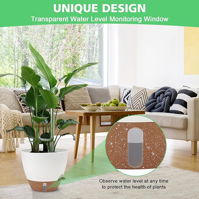 Self Watering Planter with Visual Water Level, 6Pack Small Plastic Pot Set with Drainage Holes and Reservoir Saucers, Modern 8+7+6.5+6+5.5+5 Inch Bottom Watering Flower Pots for Indoor Plant - White