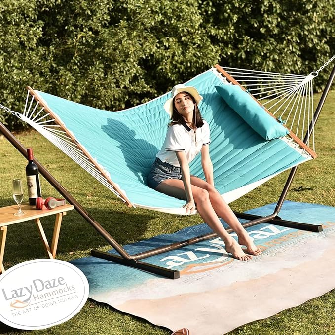 Lazy Daze Hammocks 12 FT Double Quilted Fabric Hammock with Spreader Bar and Detachable Pillow, 2 Person Hammock for Outdoor Outside Patio Garden Yard Pool Beach, 450lbs Weight Capacity (Blue)