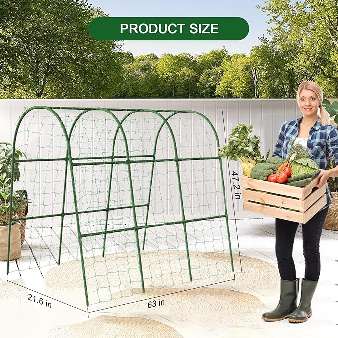 Cucumber Trellis for Raised Bed, 63"x47"x22" Garden Trellis for Climbing Plants Outdoor with Climbing Net and Plant Support Clip for Cucumber, Vegetable, Flowers