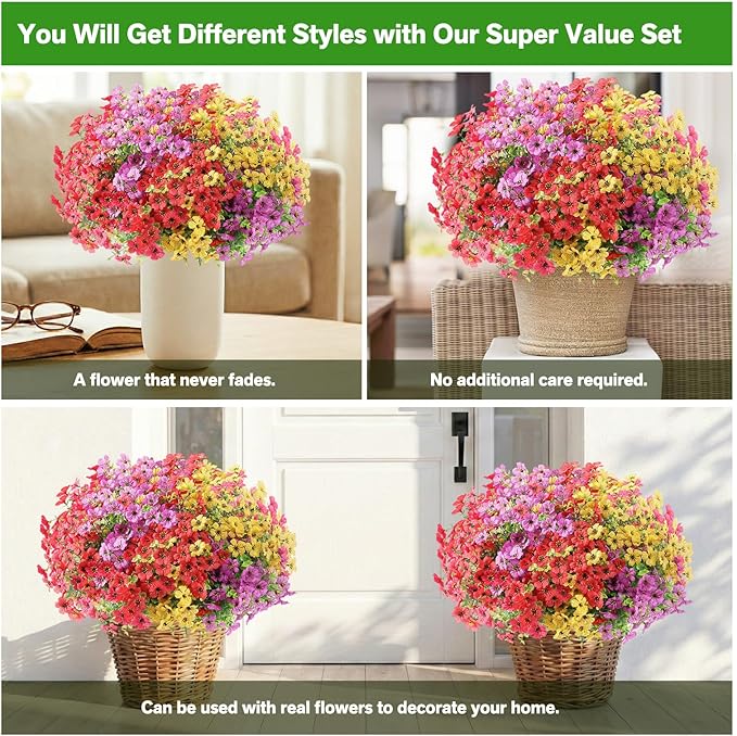 Artificial Flowers for Outdoor,Silk Flowers No Fade Fake Plastic Flowers Faux Plants for Outdoors Outside Front Porch Hanging Planter Window Box Garden Home Decoration,13 Pack(Multi-Colour2)