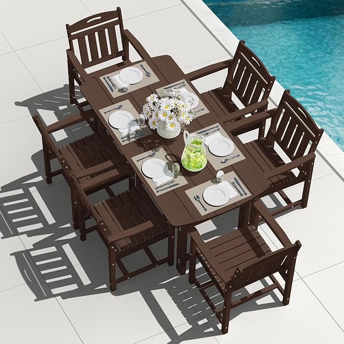 Outdoor Rectangle Dining Table, Heavy-Duty HDPE Table for 6, Weatherproof Patio Table with Umbrella Hole, Rounded Corners for Safety, Brown